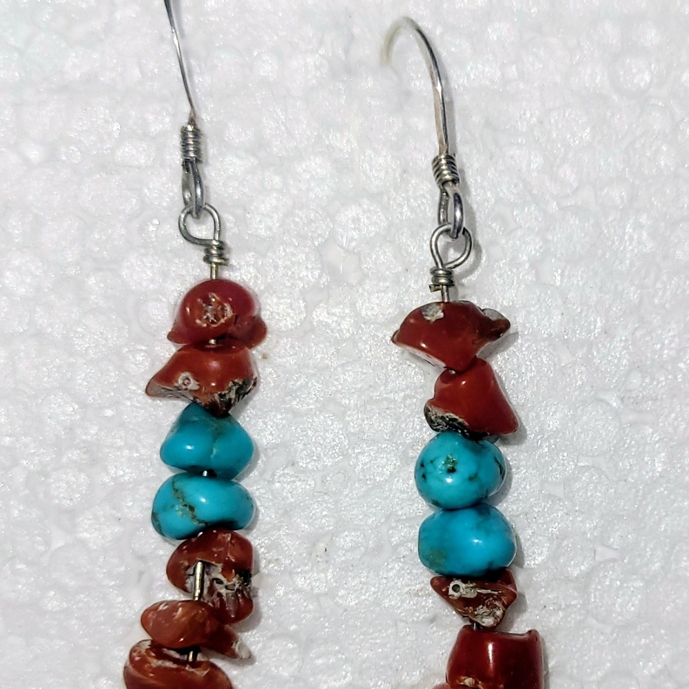 Turquoise and Red Stone Dangle Earrings